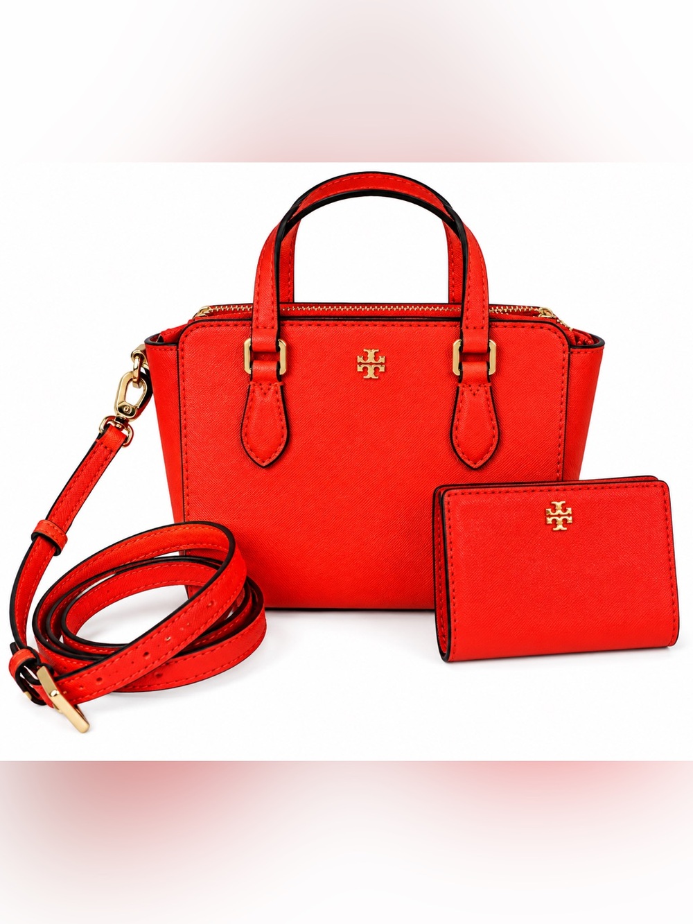 NWOT Tory Burch Emerson Brilliant Red Saffiano Tote + Wallet Set